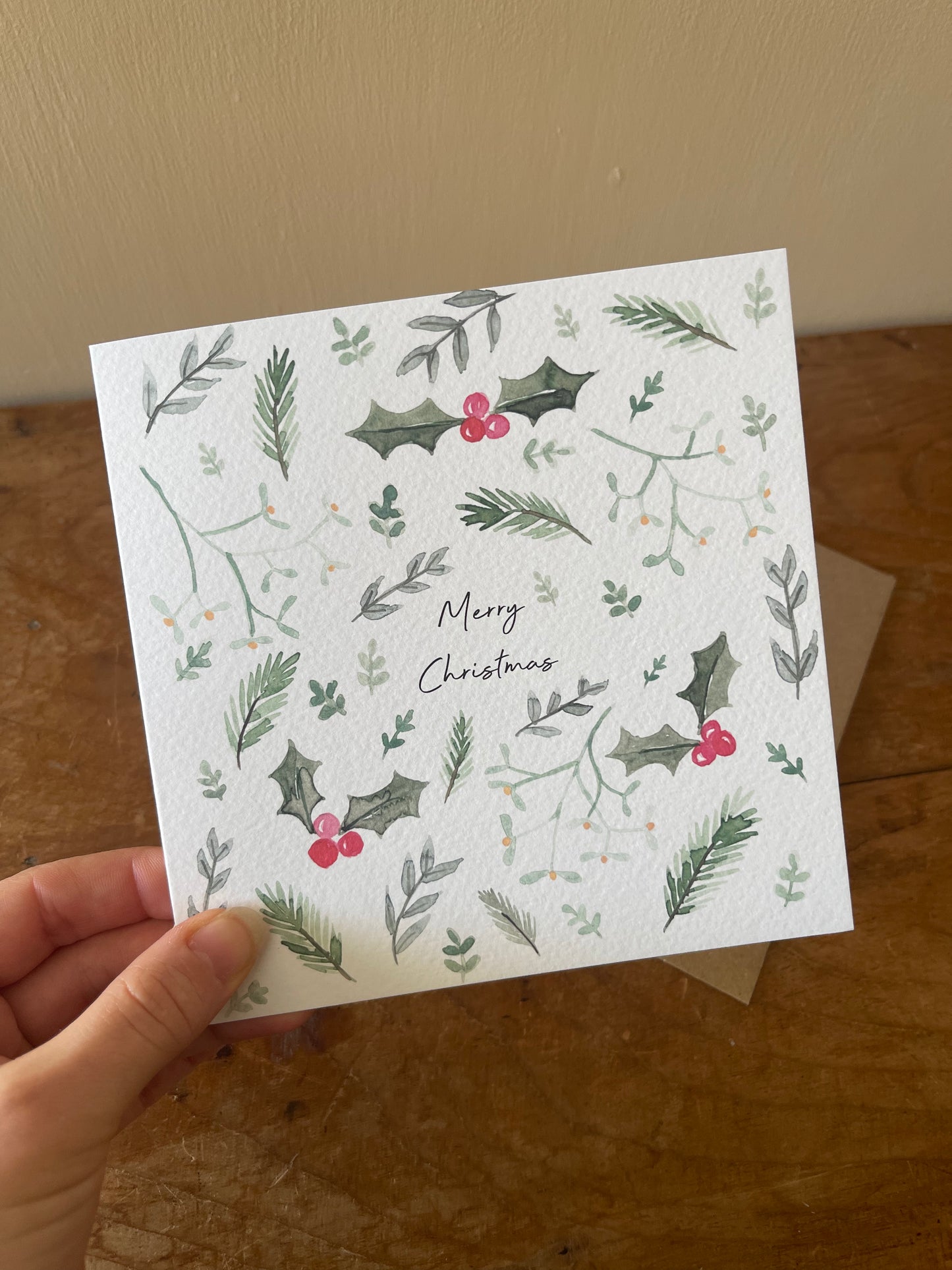 Merry Christmas Leaves and Holly Berry Card